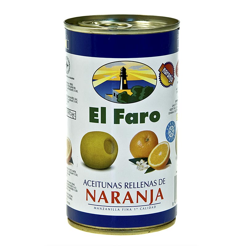 Olives vertes denoyautees, a la pate d`orange, en saumure, El Faro - 350g - peut