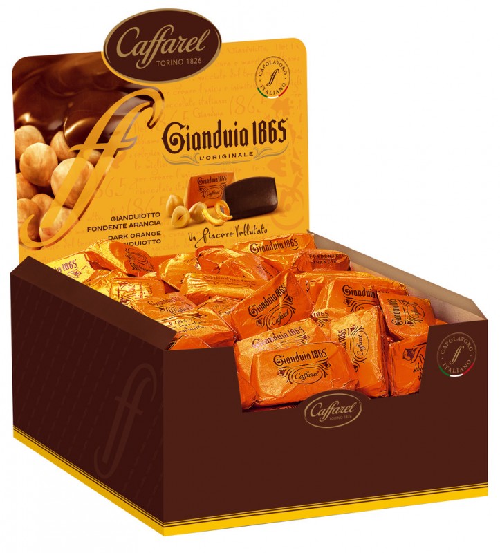 Praliny nugatowe z orzechow laskowych, ciemna pomarancza, Gianduia Dark Orange, Display, Caffarel - 3x1000g - wyswietlacz