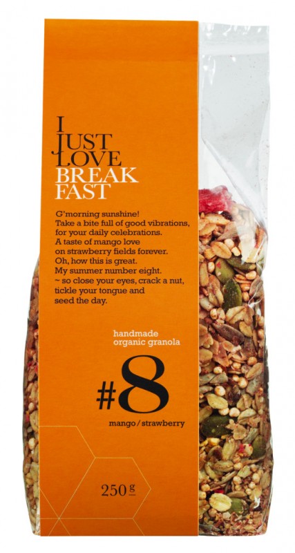 No. 8 Mango Cilek Granola, organik, cilek ve mangolu citir musli, organik, Kahvaltiyi Seviyorum - 250 gr - ambalaj