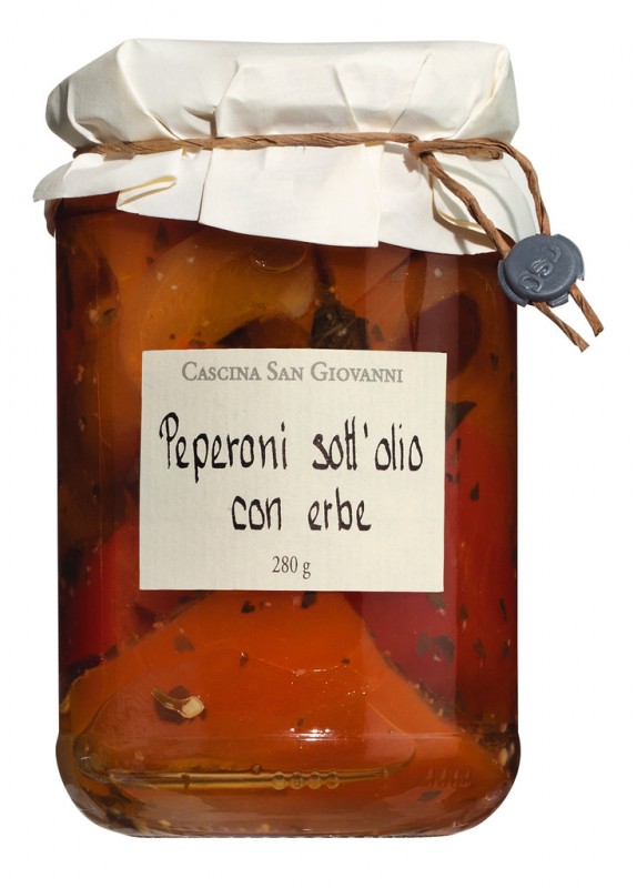 Pepperoni minden orokseg olio d`oliva-ban, paprika fuszernovenyekkel olivaolajban, Cascina San Giovanni - 280g - Uveg