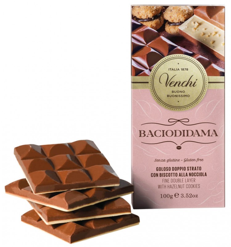 Baton Baciodidama, ciocolata Gianduia, biscuiti cu alune + ciocolata alba, Venchi - 100 g - Bucata