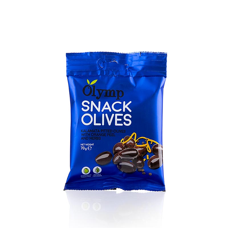 Snack olivy, Kalamata olivy, bez kostky, s pomarancovou korou a bylinkami - 70 g - taska