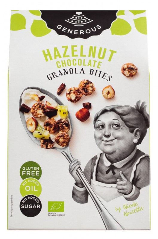 Czekoladowa granola z orzechow laskowych Bites, organiczne, gf, Czekoladowa granola z orzechow laskowych, bezglutenowa, organiczna, Obfita - 300g - Pakiet