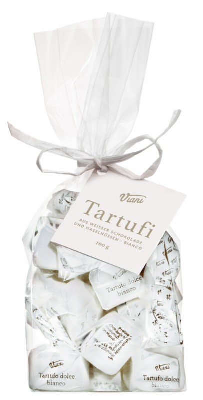 Tartufi dolci bianchi - klasszikus kiadas, feher, feher csokis szarvasgomba mogyoroval, zacsko, Viani - 200 g - taska