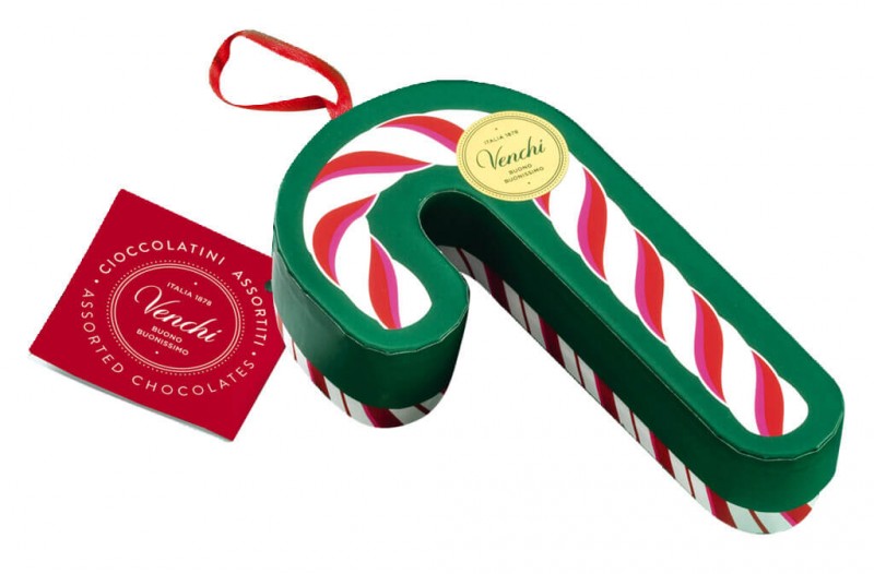 Candy Cane Christmas Bannecker, pudelko upominkowe w postaci cukierkow z czekoladowymi kometami, Venchi - 62g - Sztuka