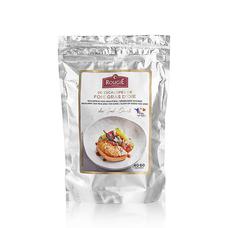 Fatias de foie gras de ganso sudoeste da Franca, 20 fatias de 40-60g cada, Rougie - aproximadamente 1.000 g - bolsa