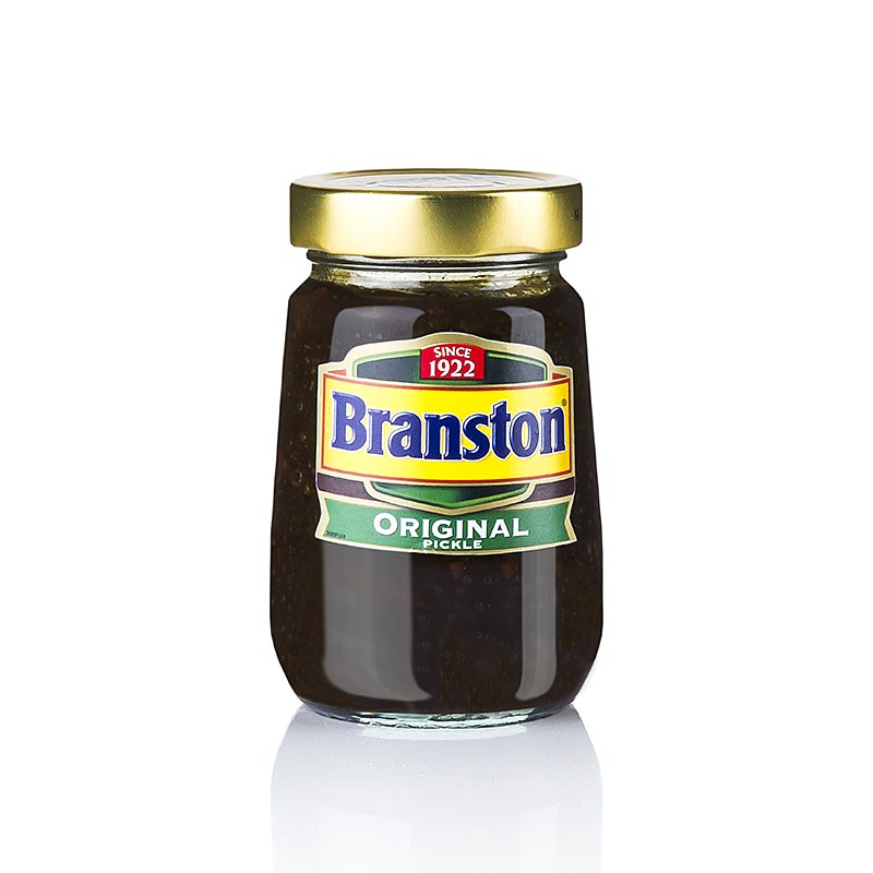 Cornichon Branston, morceaux de legumes, dattes et pommes aigre-doux - 360g - Verre