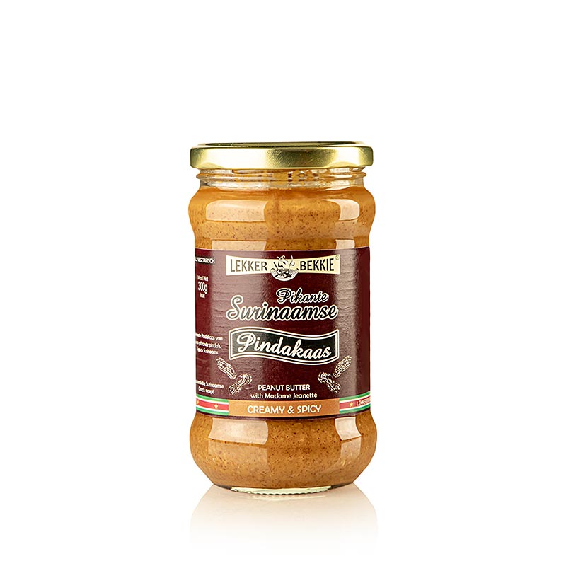 Maapahkinavoi Spicy Surinaamse, kermainen ja maustettu, Lekker Bekkie - 300g - Lasi