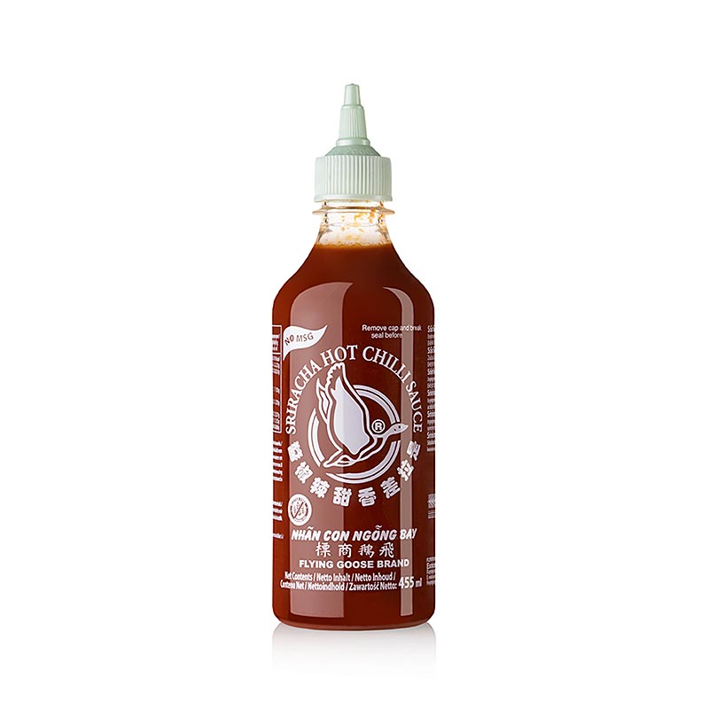 Salsa de chile: Sriracha sin glutamato monosodico, caliente, botella exprimible, Flying Goose - 455g - botella de PE