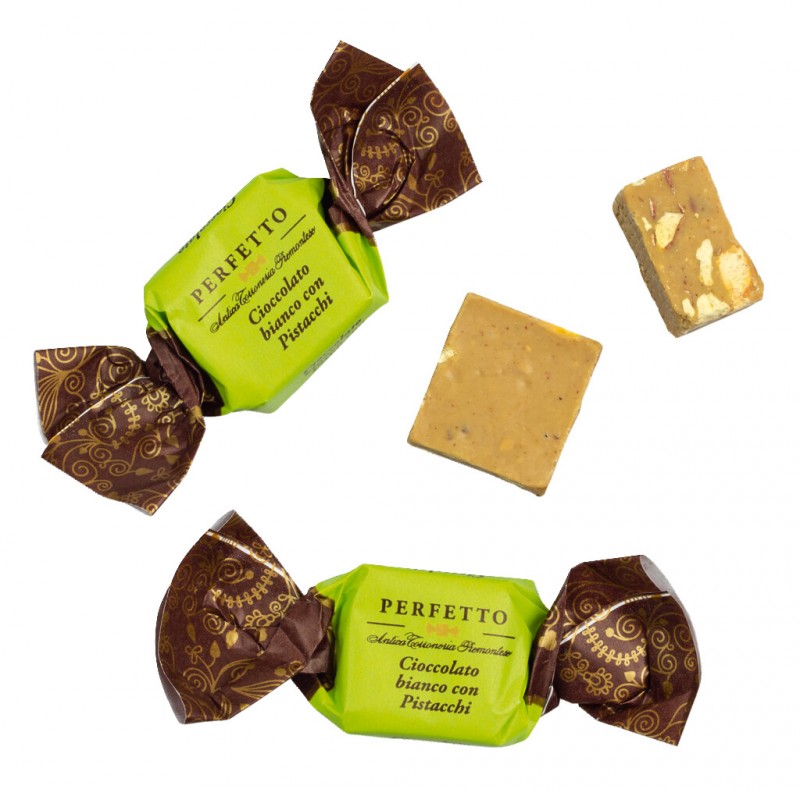 Perfetto bianco con pistacchi, cubo, pralinka z bile cokolady s pistaciemi, Antica Torroneria Piemontese - 100 g - balicek