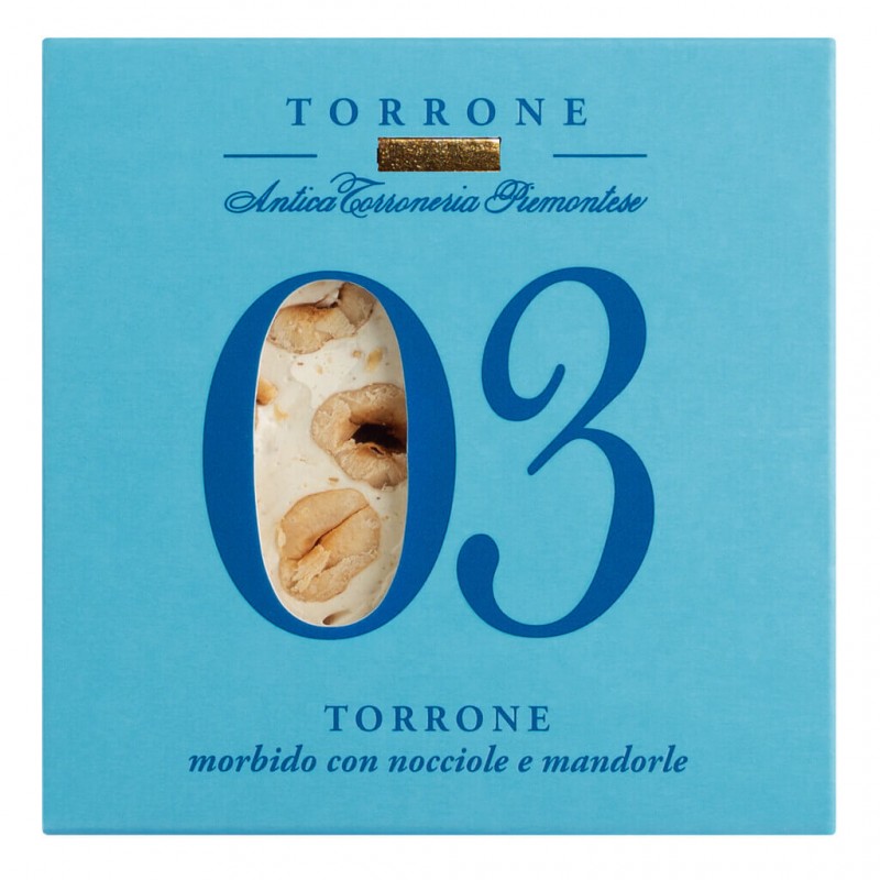 3 - Torrone morbido con nocciole e mandorle, nougat with Piedmont hazelnuts and almonds, soft, Antica Torroneria Piemontese - 80 g - pack