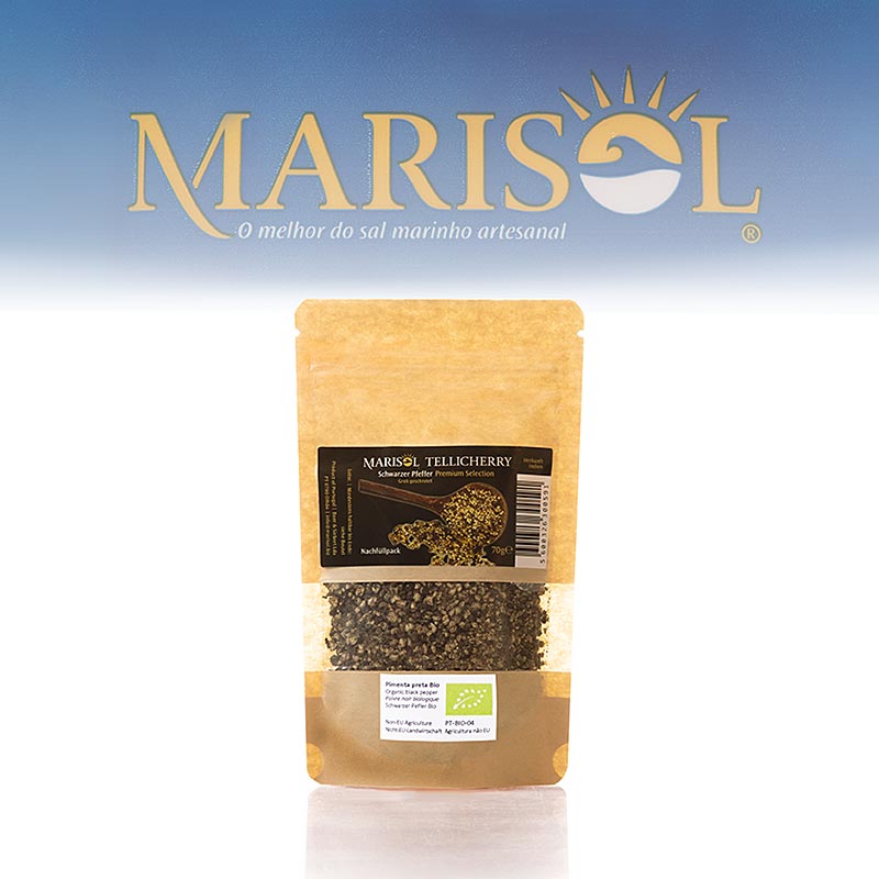 Tellicherry Pfeffer, grob geschrotet, Nachfüllpack für Keramik, Marisol,BIO - 70 g - Beutel