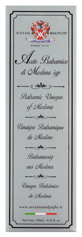 Aceto Balsamico di Modena IGP Argento, Aceto Balsamico di Modena IGP, conservato per 8 anni, Malpighi - 250 ml - Bottiglia