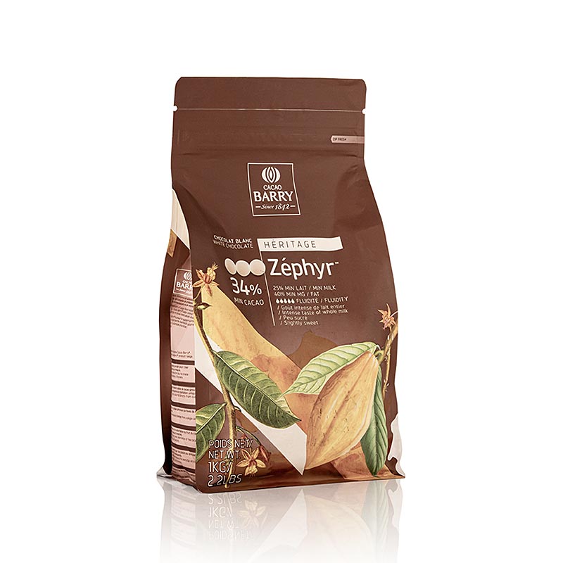 Zephyr, white chocolate, callets, 34% cocoa - 1 kg - bag