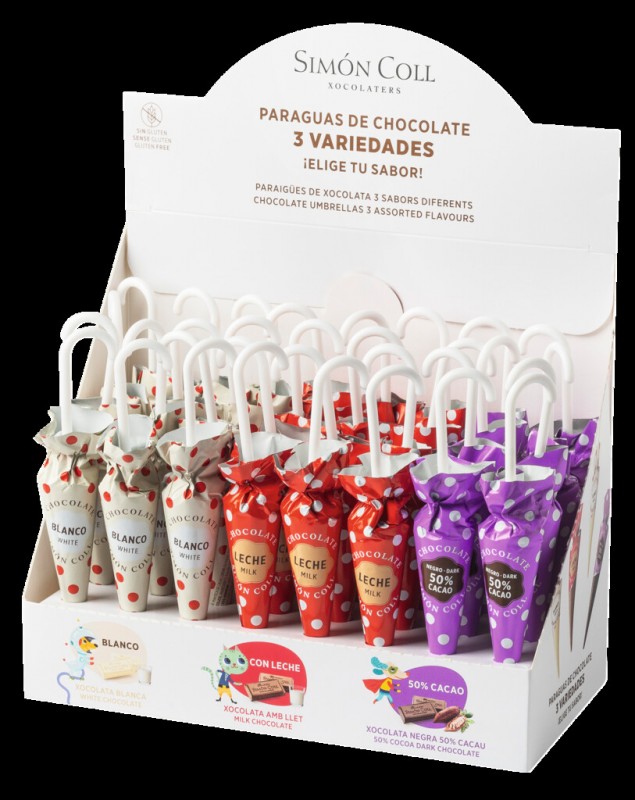 Sombrella Topos 3 Sabores, chocolate umbrellas 3 varieties, display, Simon Coll - 32x10g - Display