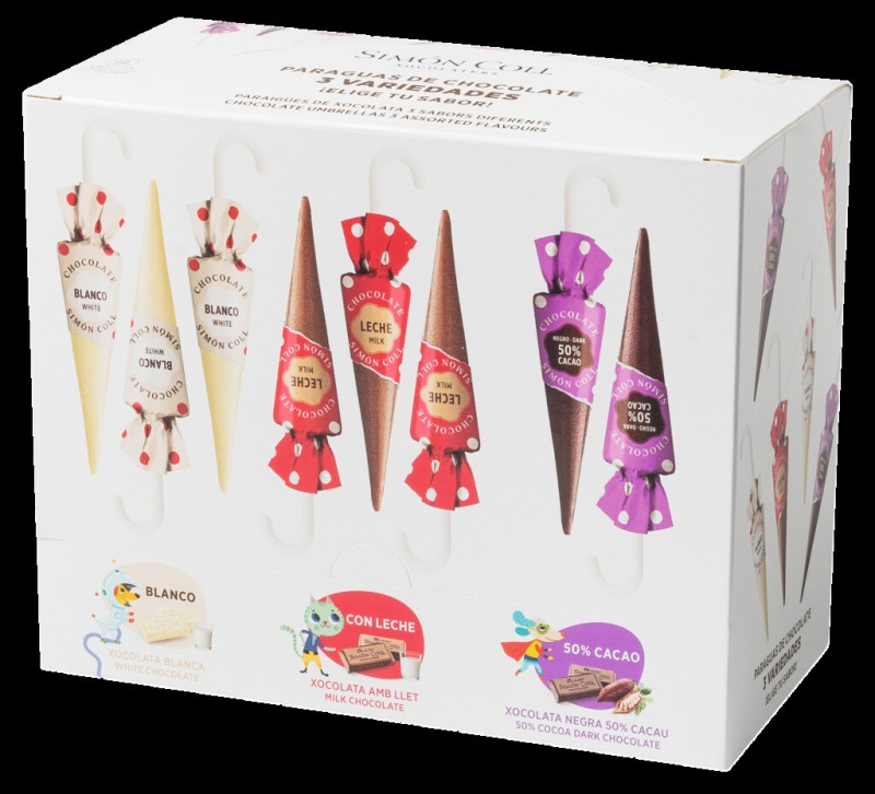 Sombrella Topos 3 Sabores, chocolate umbrellas 3 varieties, display, Simon Coll - 32x10g - Display