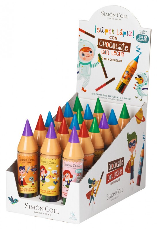 Super Lapiz Colores, Display, Chocoladepotloden Maxi, Display, Simon Coll - 18 x 30 g - weergave