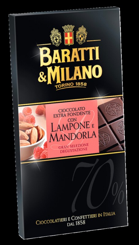 Tavoletta Lampone e Mandorla, dark chocolate with raspberry and almond, Baratti e Milano - 75g - Piece