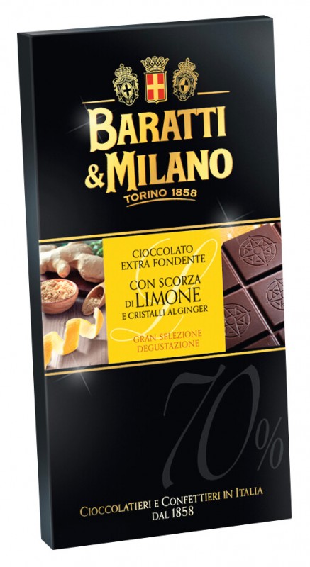 Tavoletta con Limone e Ginger, dark chocolate with lemon and ginger, Baratti e Milano - 75g - Piece