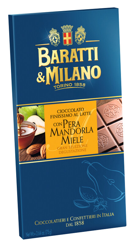 Tavoletta Pera Mandorla Miele, chocolat au lait a la poire, amande et miel, Baratti e Milano - 75g - Morceau