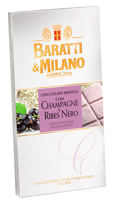 Tavoletta Champagne, White chocolate. Champagne flavour + black currant, Baratti e Milano - 75g - Piece