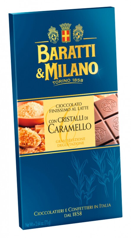 Tavoletta Cristalli di Caramello, Milchschokolade mit Karamellstückchen, Baratti e Milano - 75 g - Stück