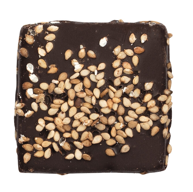 Caramelo y chocolate negro con sesamo, caramelo de mantequilla salada con sesamo, Dolfin - 45g - embalar