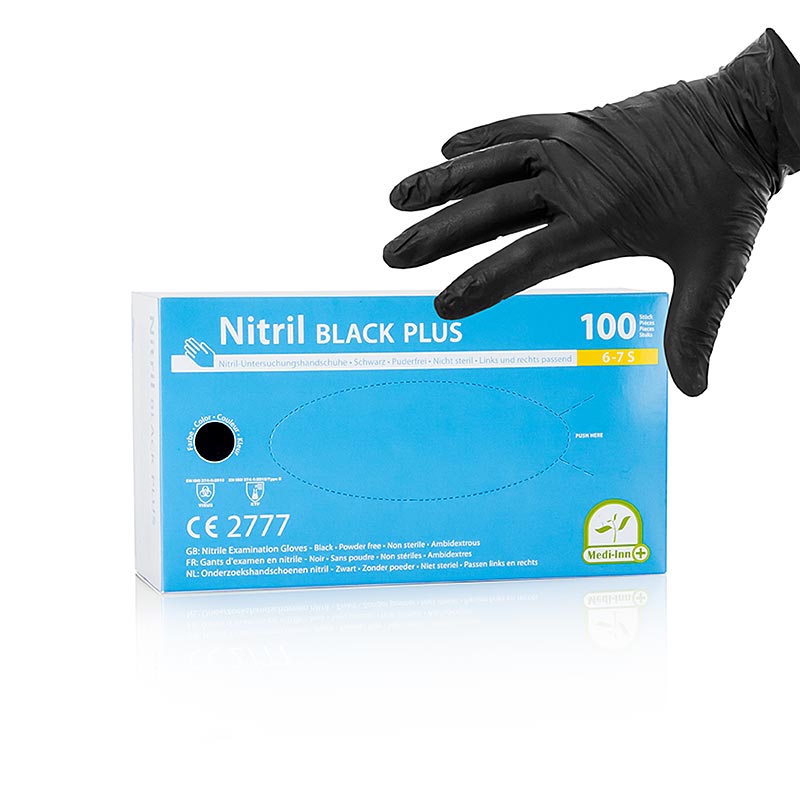 Guantes desechables nitrilo, negros, S, sin polvo - 100 piezas - caja