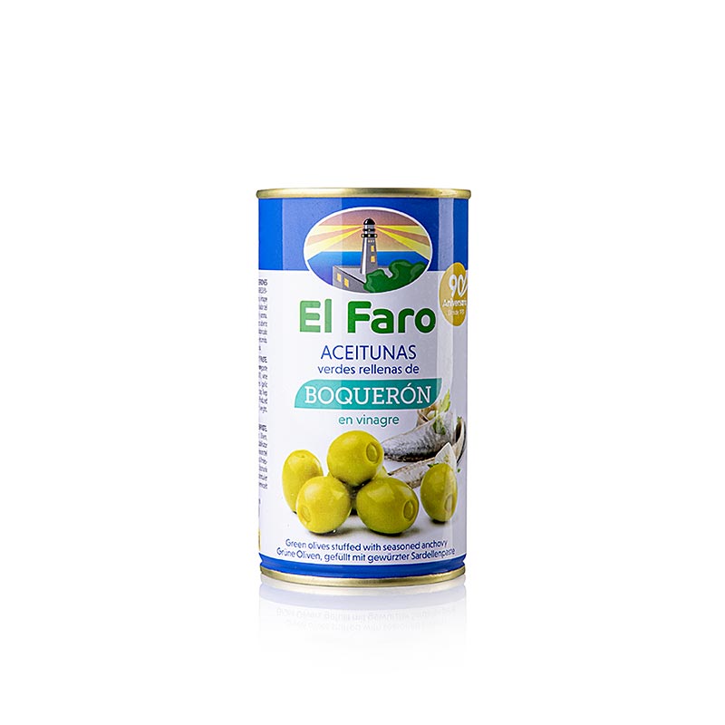 Green olives, with anchovies Boqueron (anchovy vinegar), El Faro - 350g - Can