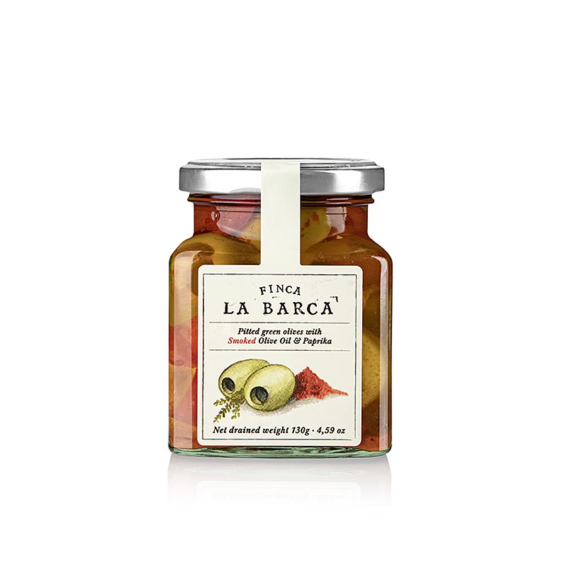 Groene olijven, ontpit, met gerookte paprika, Finca La Barca - 130g - Glas