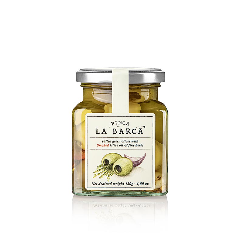 Green olives, pitted, with herbs (Fine Herbs), Finca La Barca - 130g - Glass