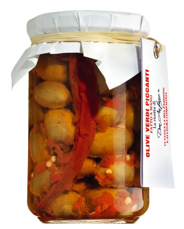 Olives verdi piccanti, olives vertes, marinees epicees, Don Antonio - 280g - Verre