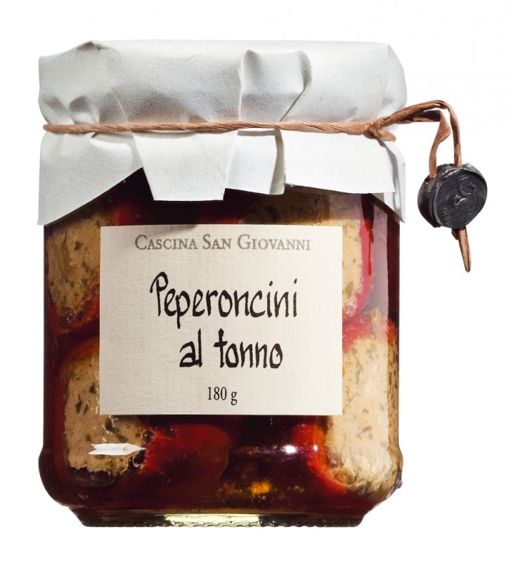 Peperoncini farciti al tonno, petits poivrons cerises, avec farce de thon, Cascina San Giovanni - 180g - Verre