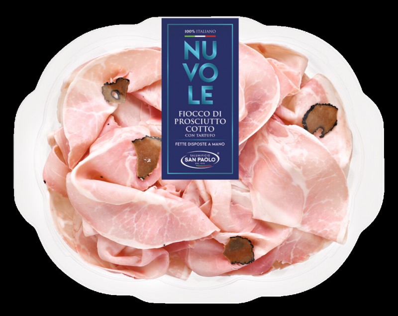 Prosciutto cotto nazionale al tartufo, cooked pork ham with truffle, cold cuts, Salumificio San Paolo - 100 g - pack