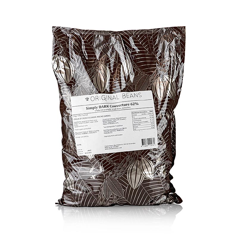 Couverture Simply Dark 62% kaakaota, katkeraa, tippaa, alkuperaisia papuja, vegaaninen - 2kg - laukku