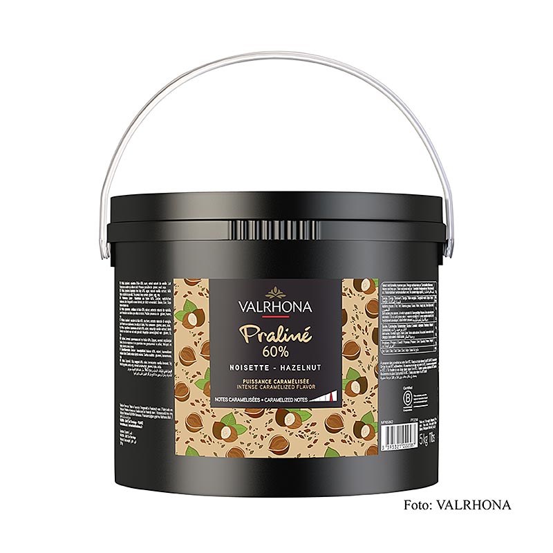 Valrhona Praline Masse fein, 60 % Haselnuss, intensive Nuss- und kräftige Karamellnoten - 5 kg - Eimer