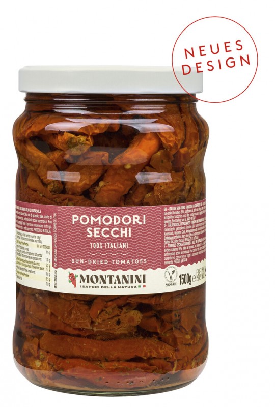 Pomodori secchi sott`olio, Tomaten getrocknet in Öl, Montanini - 1.500 g - Glas