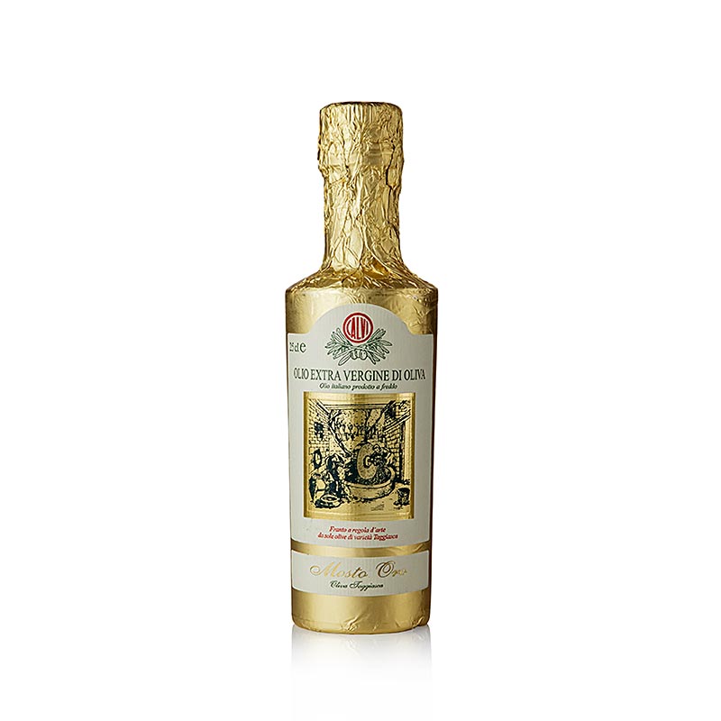 Oliwa z oliwek z pierwszego tloczenia Calvi Mosto Oro, 100% Taggiasca, zlota folia, Liguria - 250ml - Butelka