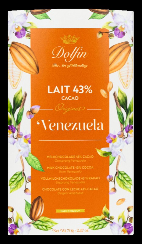 Tablette, Lait Venezuela 43%, Tafelschokolade, Vollmilch Venezuela 43%, Dolfin - 70 g - Stück