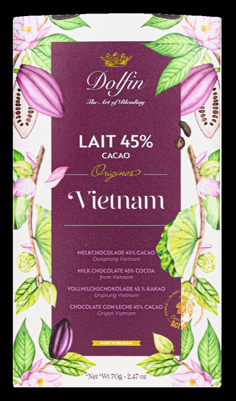 Tablette, Lait Vietnam 45%, Tafelschokolade, Vollmilch Vietnam 45%, Dolfin - 70 g - Stück