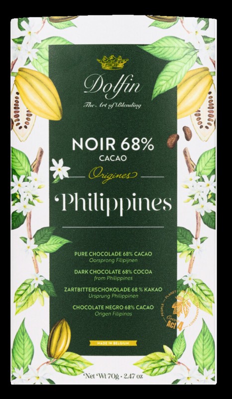 Tablette, Noir Philippine 68%, Tafelschokolade, Zartbitter Philippinen 68%, Dolfin - 70 g - Stück