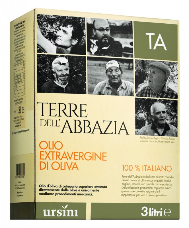 Olio extra virgin Terre dell`Abbazia taske i aeske, ekstra jomfru olivenolie Terre dell`Abbazia, Ursini - 3.000 ml - pakke