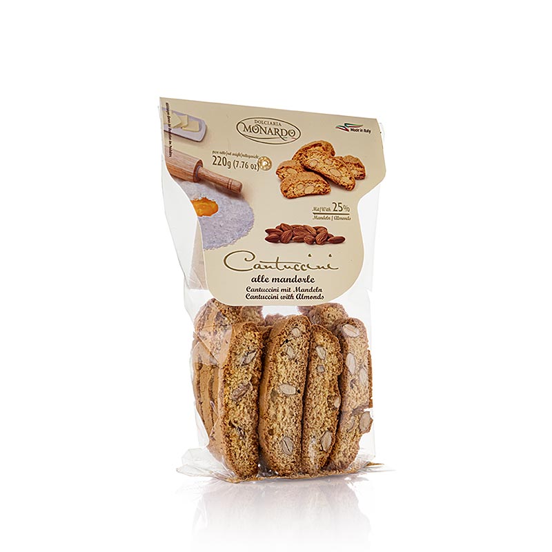 Cantuccini mit 25% Mandeln, italienisches Mandelgebäck, Monardo - 220 g - Beutel