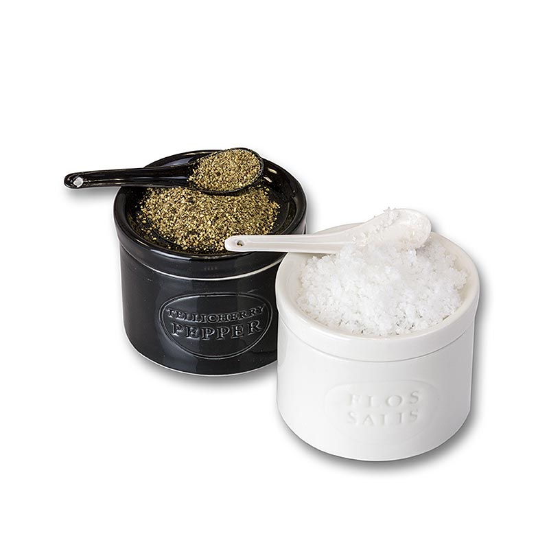 Set en ceramique, Marisol Flos Salis® 100g et Poivre de Tellicherry 70g, cuillere, bio - 170 g, 2 pieces. - film