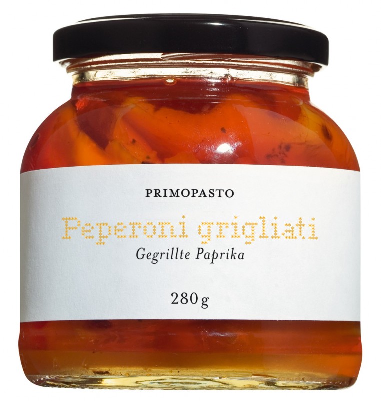 Peperoni grigliati, filetti di peperoni grigliati sott`olio, primopasto - 280 g - Bicchiere