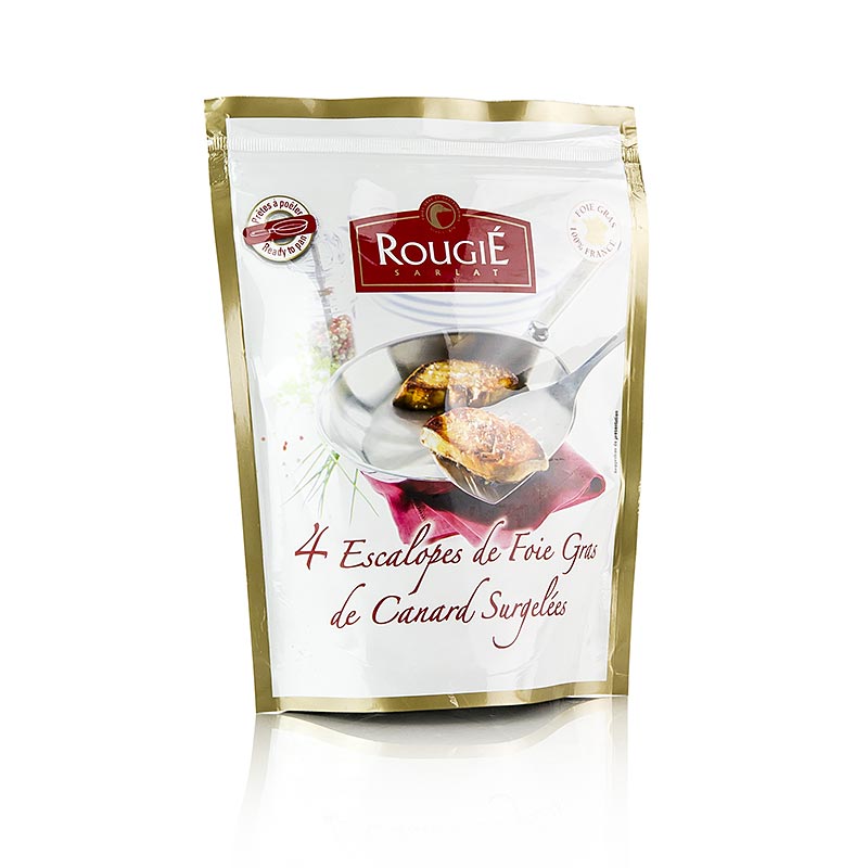 Foie gras de pato, 4 fatias pequenas de aproximadamente 35g cada, da Rougie. - 140g, 4x35g - caixa