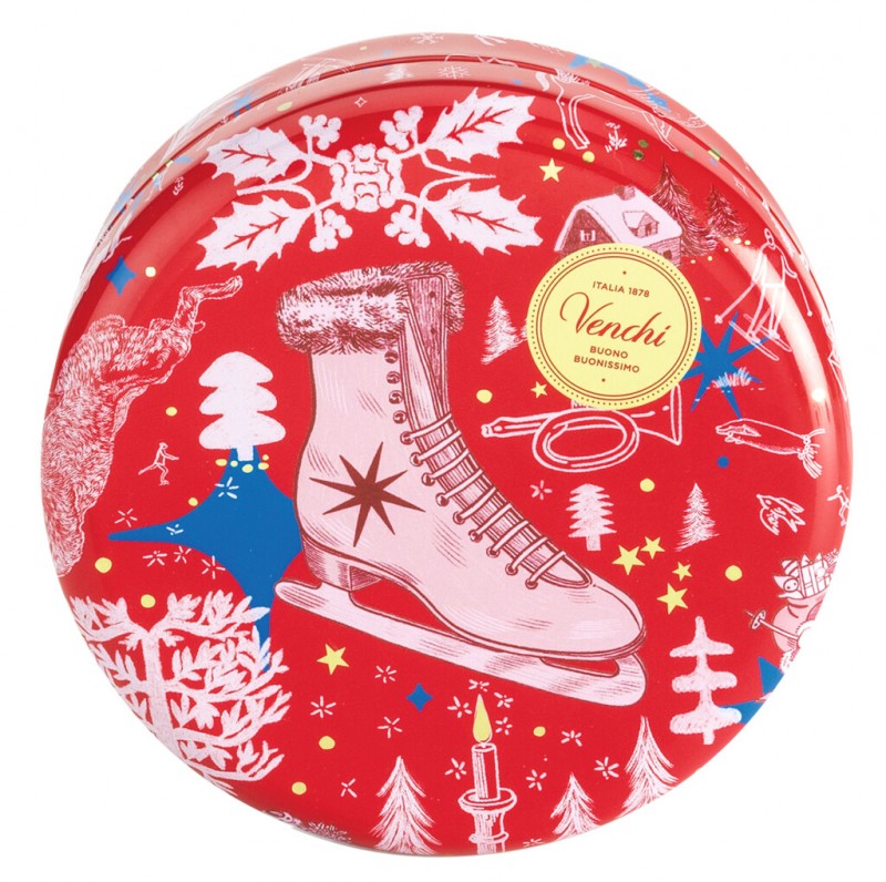 Christmas Anna Higgie Round Metal Tin, Runde Geschenkdose mit Schok.-Kometen, Venchi - 86 g - Stück