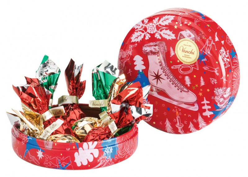 Christmas Anna Higgie Round Metal Tin, Round Gift Tin with Chocolate Comets, Venchi - 86 g - Piece