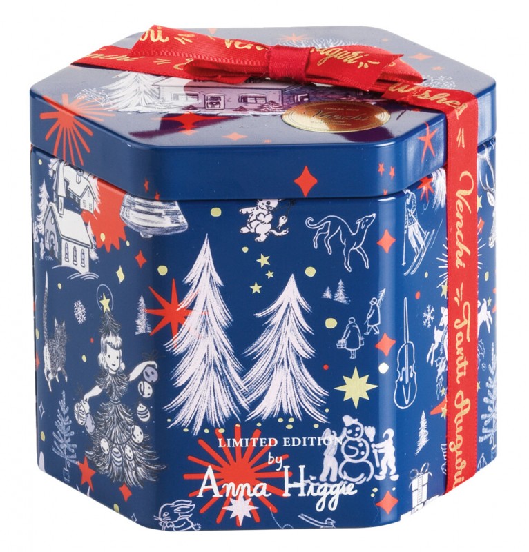 Christmas Anna Higgie Hexagonal Metal Tin, Hexagonal gift tin with chocolate pralines, Venchi - 148 g - Piece