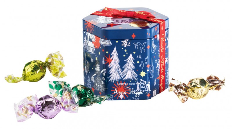 Christmas Anna Higgie Hexagonal Metal Tin, Hexagonal gift tin with chocolate pralines, Venchi - 148 g - Piece